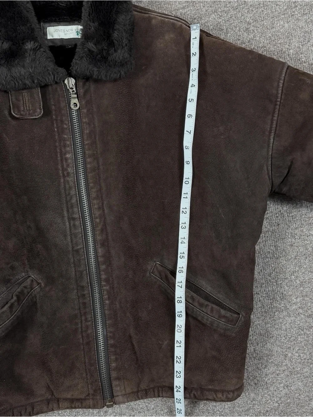 Jones New York Brown Leather Utility Jacket Men’s Small Faux Fur Collar Boxy Fit